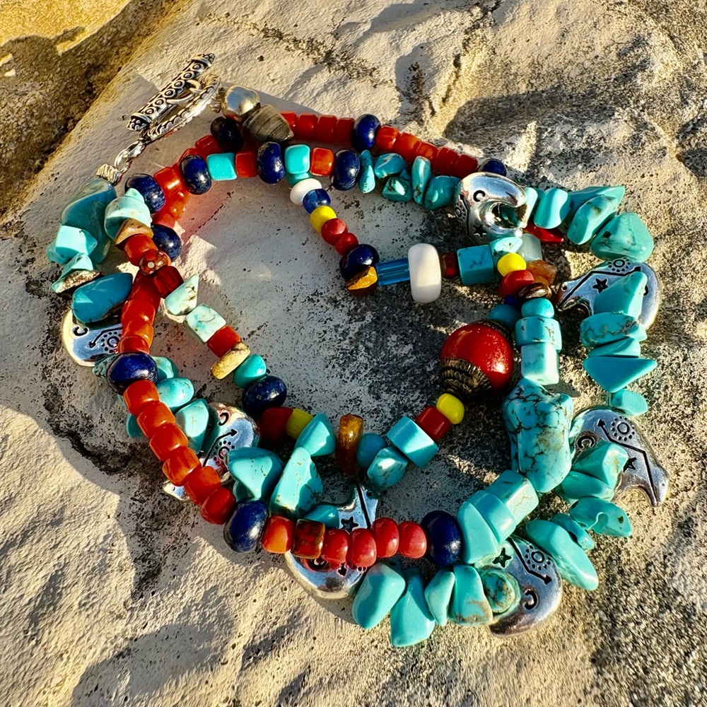 Bracelet Necklace 24 inches  Turquoise mix silver bears Native style New